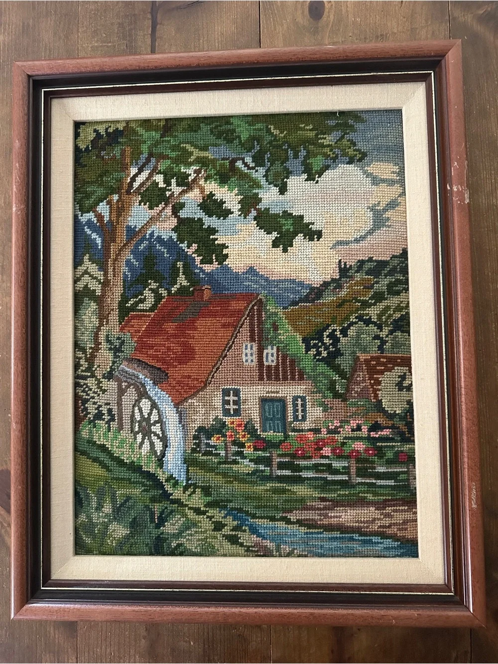 VINTAGE Handcrafted Needlepoint Rustic Waterwheel 16”x 20”